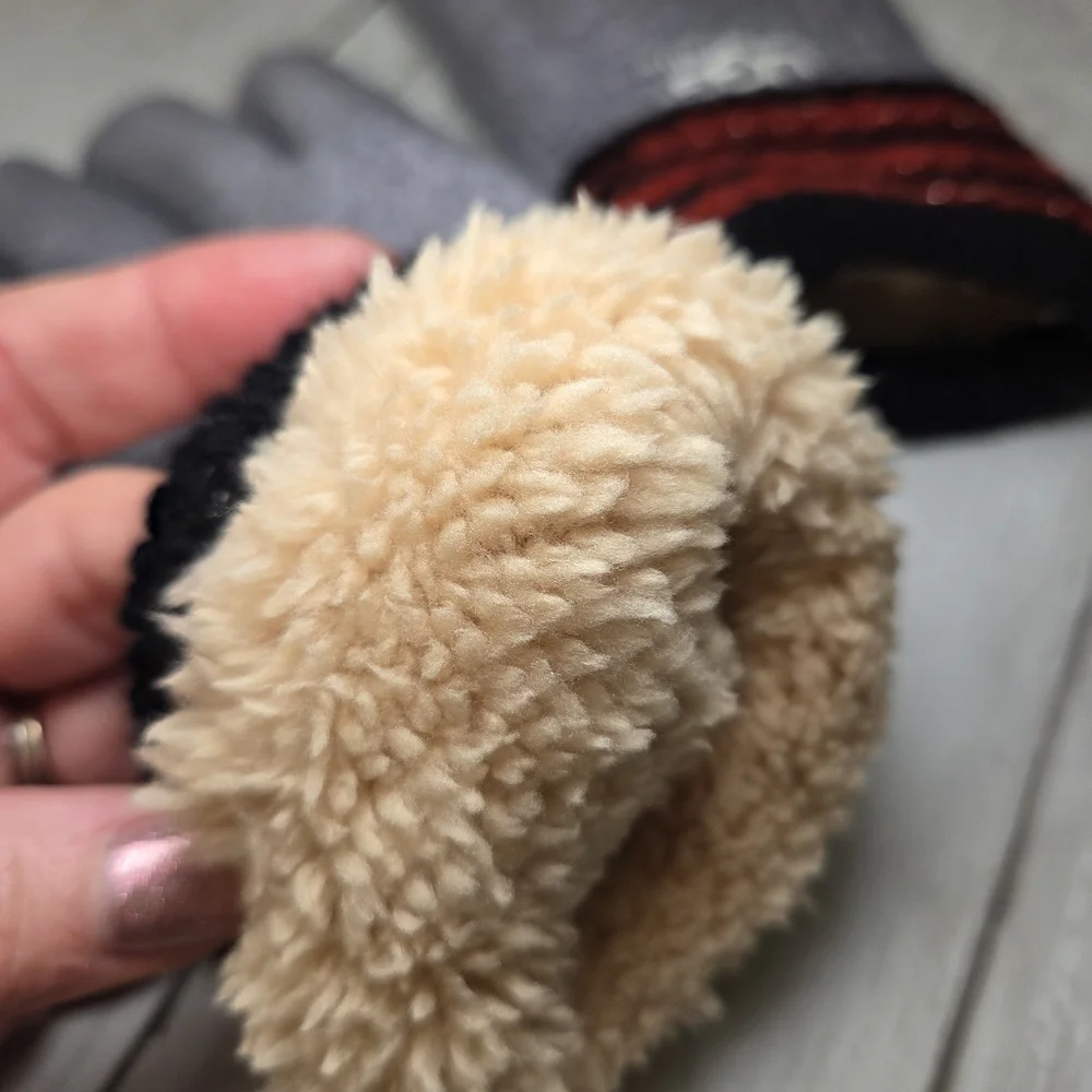 UGG Women's Gray Knit Gloves with Black and Red Stripes